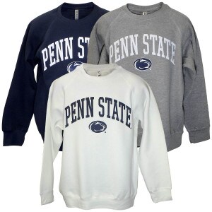 navy, heather oxford, and white crew sweatshirts with arched Penn State above Athletic logo